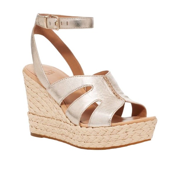 Ugg CAREENA Metallic Gold Raffia Wedge Platform Sandals | Womens 10 NEW - Picture 1 of 5